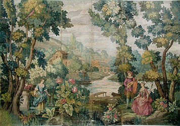 Tapestry cartoon with several figures and a wooded lanscape