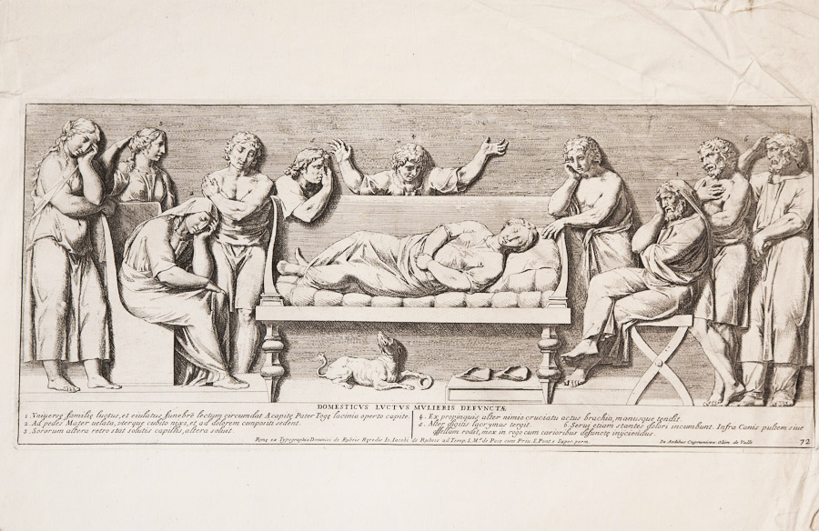 A woman being mourned antique print
