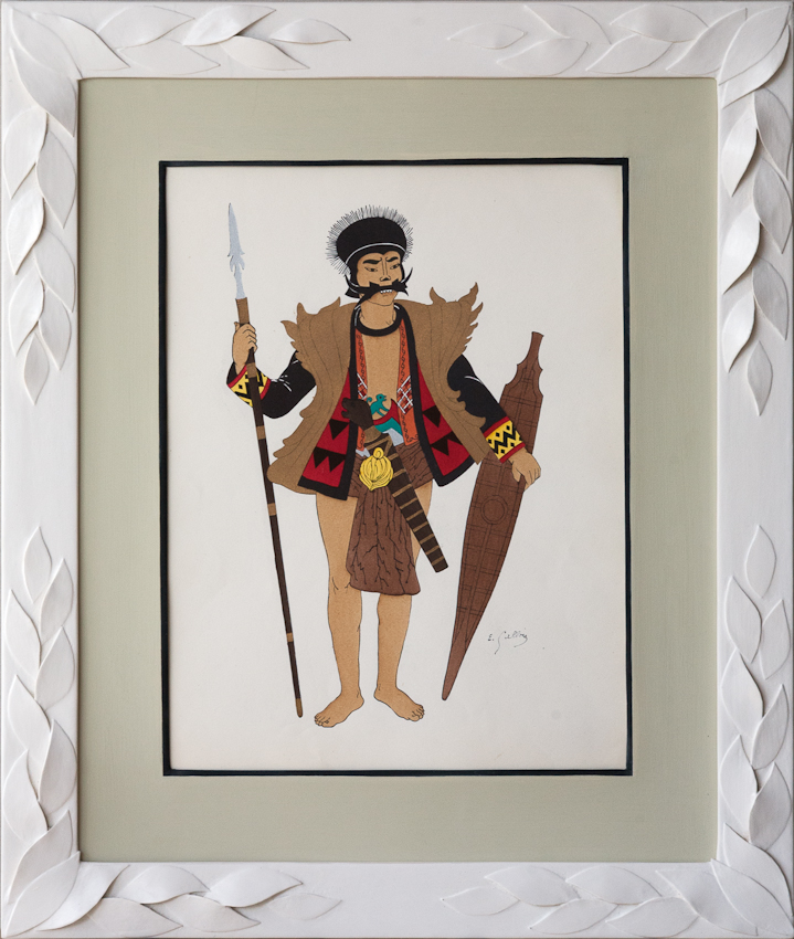 Indonesian costume prints framed in ivory coloured leaf frames from Julia Boston