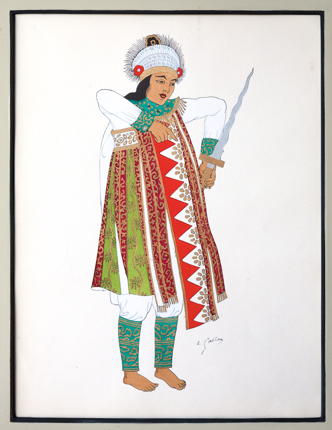 Indonesian costume prints framed in ivory coloured leaf frames from Julia Boston